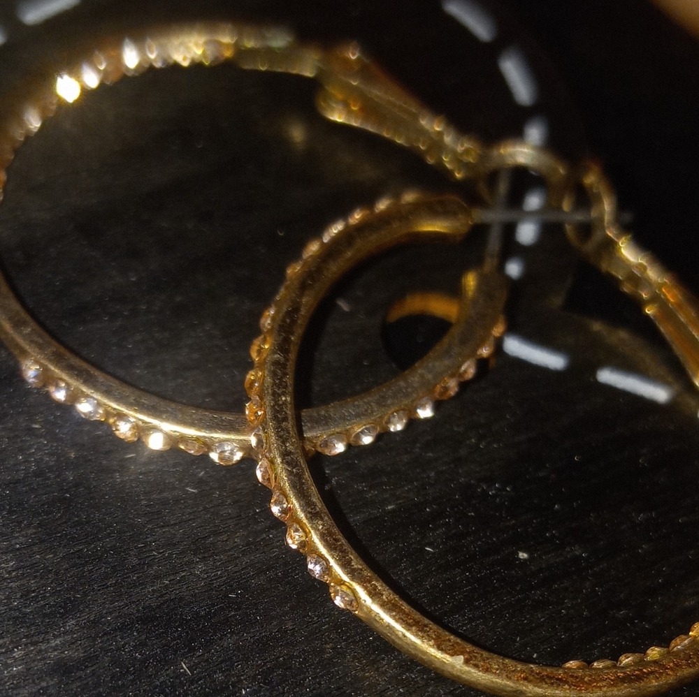 Vintage 1" Gold Hoops with CZ Accents - Picture 5 of 10